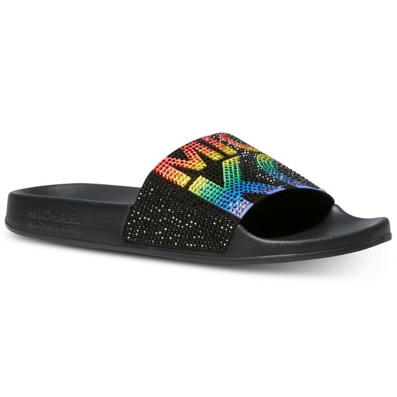 Michael Kors Gilmore Slides Black Rainbow Crystals - Picture 5 of 12